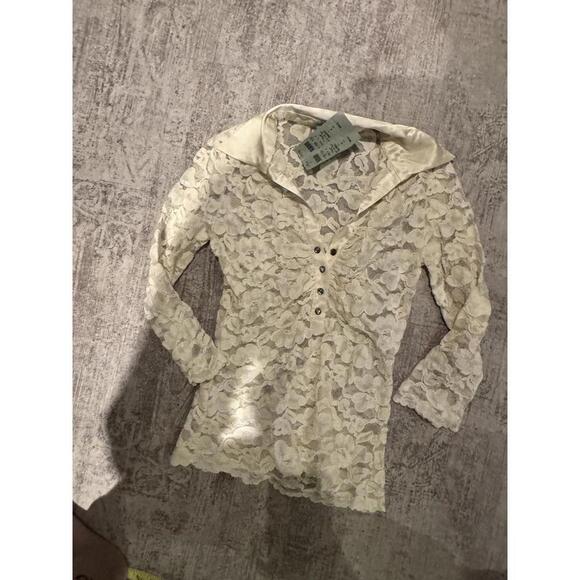 Cache Tops - NWT Deadstock Cache Women's Lace Long Sleeve Blouse w Silk Collar Medium